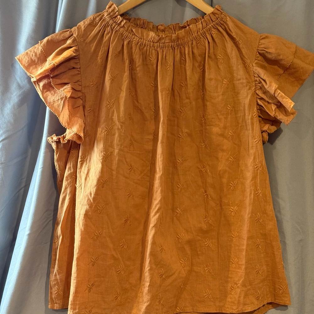 NWT Universal Thread Boho Rust Embroidered Flutter Sleeve Blouse Cottagecore